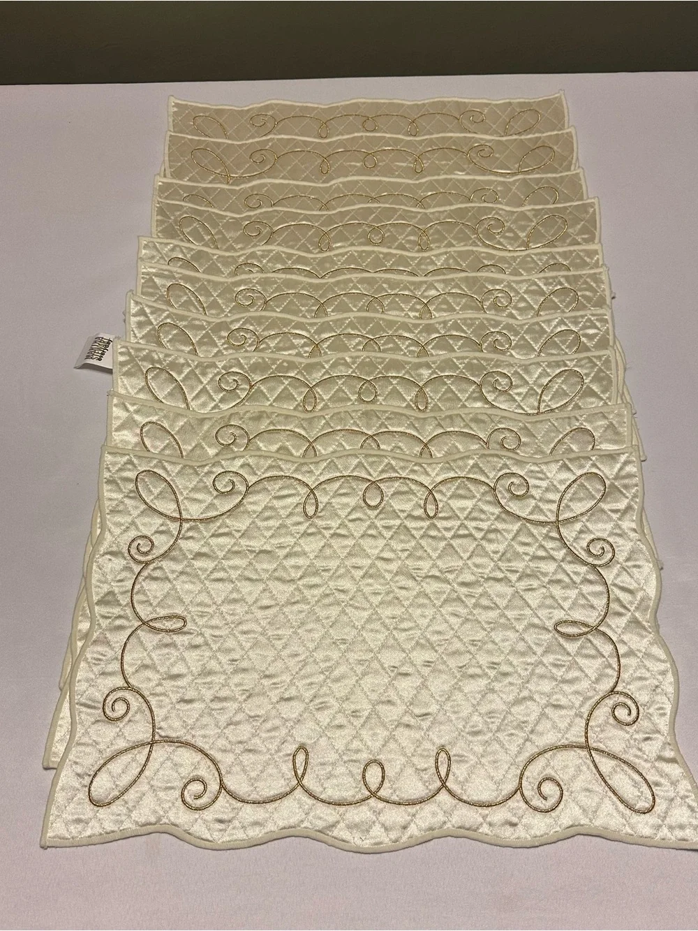 Martha Stewart Cream Quilted Placemat Set with Gold Scroll Embroidery set of 10